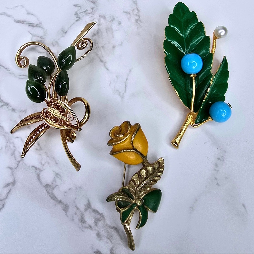 Vintage Green Floral Brooches Made in Austria Enamel Leaf Rose Filigree Pins MCM